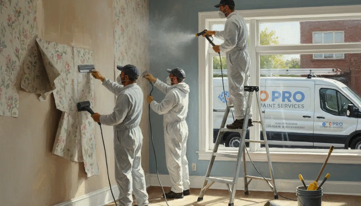 Greenville, NC painters removing wallpaper and prepping walls for repainting